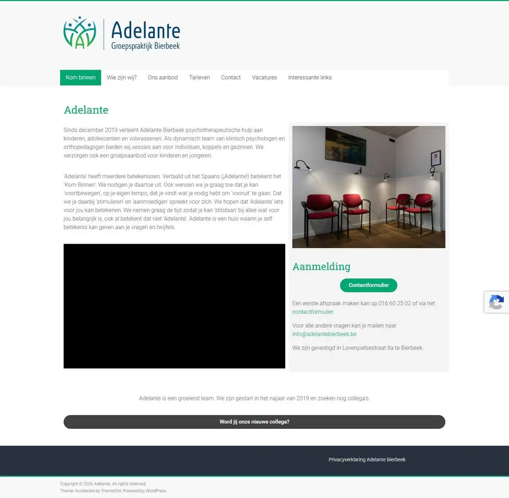 Adelante Groepspraktijk: Begeleiding van Adelante Groepspraktijk in Bierbeek op alle fronten: formulieren, hosting, beveiliging, spam, ontwerp en nieuwsbrieven. Later volgde een aparte website voor Sonja's boek.