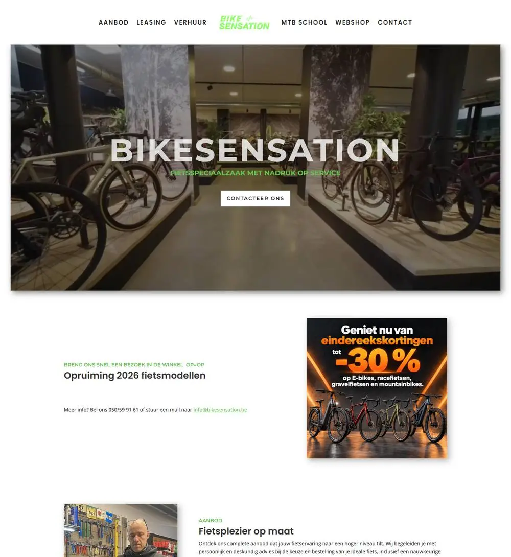 Bikesensation: Website voor Bikesensation in Beernem, de fietszaak van Dirk: verhuur van elektrische mountainbikes, fietsleasing en MTB-clinics, elk met een eigen ingang.
