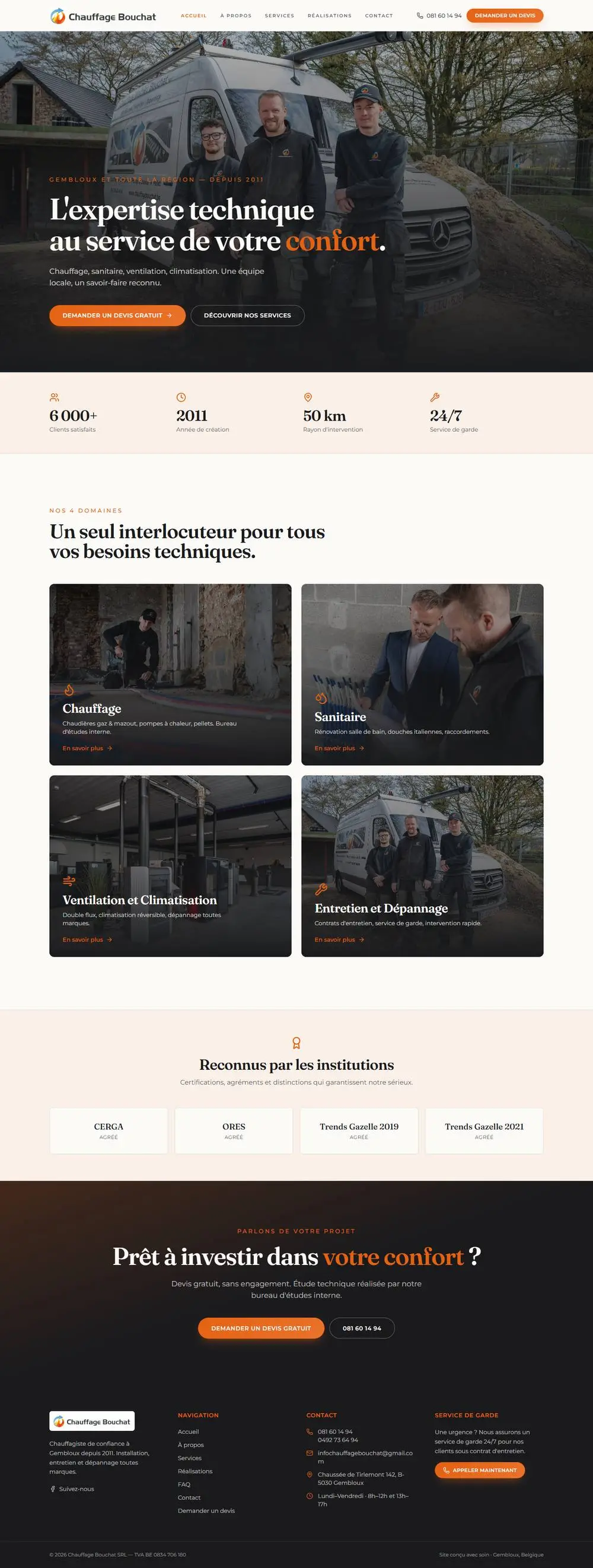 Chauffage Bouchat: Website voor Chauffage Bouchat, verwarmingsinstallateur in Gembloux sinds 2011: verwarming, sanitair en ventilatie, realisaties, FAQ en een offerteaanvraag altijd binnen handbereik.
