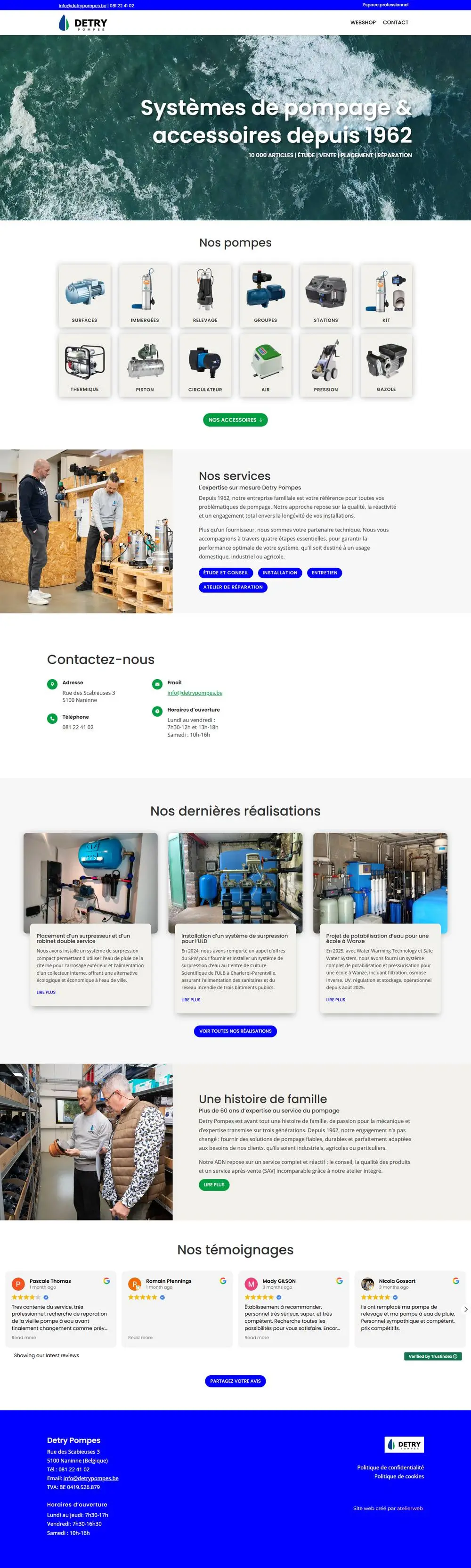 Detry Pompes: Website voor Detry Pompes in Naninne, specialist in pompsystemen sinds 1962: diensten, realisaties en een zone voor professionals, met een webshop die nu gebouwd wordt.