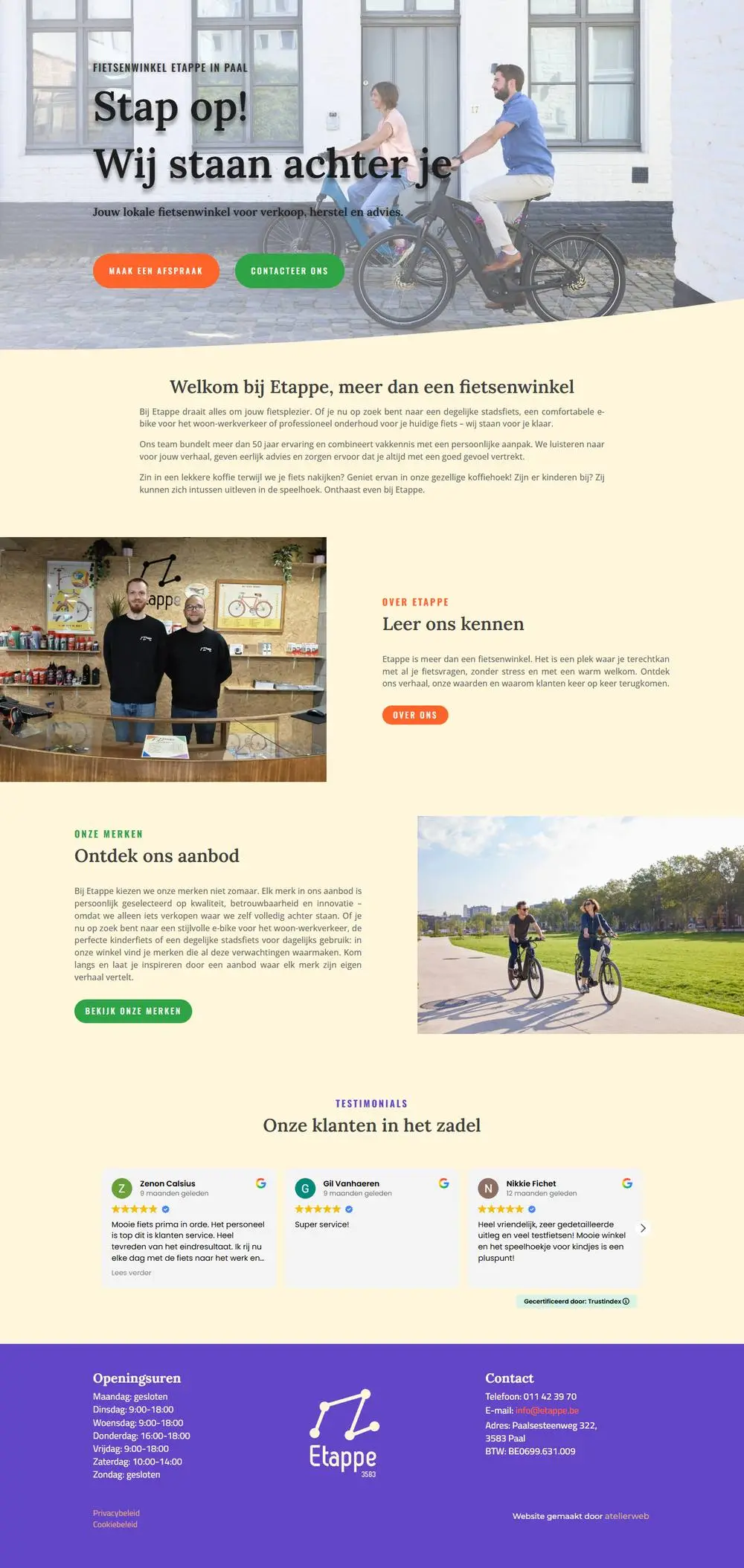 Etappe: Website voor fietsenwinkel Etappe in Paal: verkoop, herstel, leasing en advies, met online afspraken voor onderhoud en de reviews van klanten op de site.