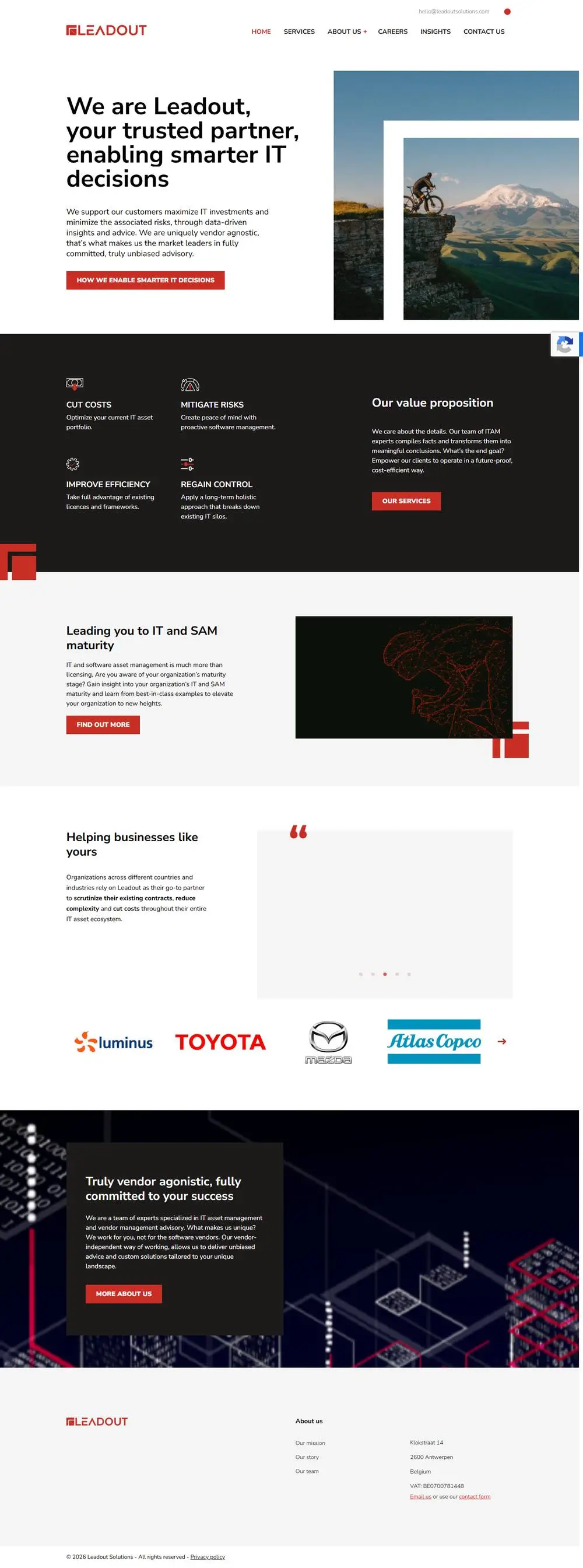 Leadout: Een site die vijf jaar stilstond, weer bij de tijd: vacaturepagina, teampagina, SEO, updates en nieuwe pagina's voor consultingbureau Leadout in Antwerpen. Een nieuwe site is in opbouw.