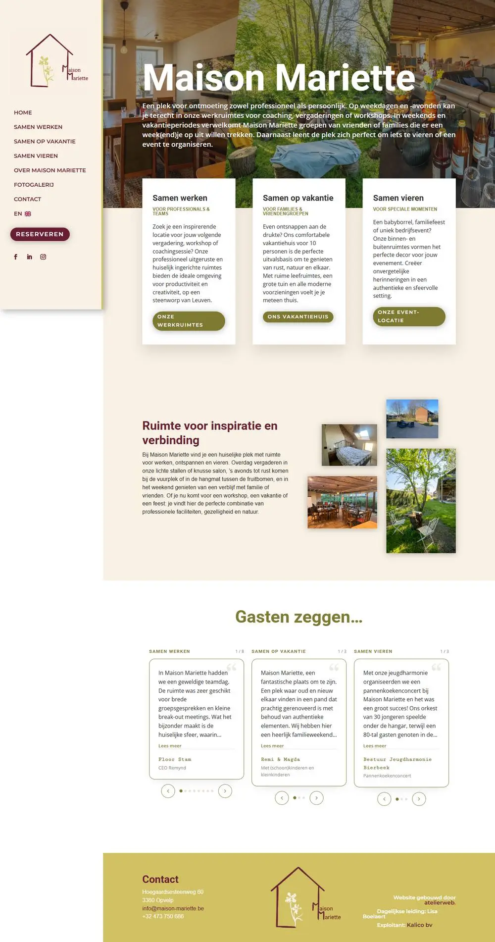 Maison Mariette: Website voor Maison Mariette, een gerenoveerde boerderij in Bierbeek om samen te werken, op vakantie te gaan en te vieren, met een reservatieaanvraag die meteen de juiste vragen stelt.